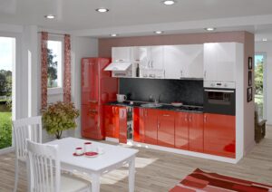 Σύνθεση Κουζίνας μήκος 6.00 μ ύψος 2,17 μ βάθος 0,60 μ, Luxury 300 με ΔΩΡΟ δυο πάγκους, Genomax - Κόκκινο Γυαλιστερό - Λευκό Γυαλιστερό